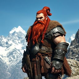 A tall mountain dwarf with striking red-brown braided hair and a thick braided beard, embodying a fierce warrior persona