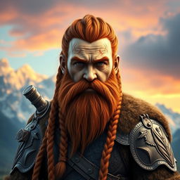 A half portrait of a tall mountain dwarf with striking red-brown braided hair and a matching thick braided beard, radiating strength and determination