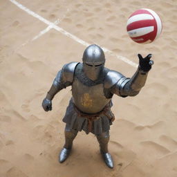 A close-up, bird's eye view of a medieval knight in full armor, poised in mid-air about to fiercely spike a volleyball.