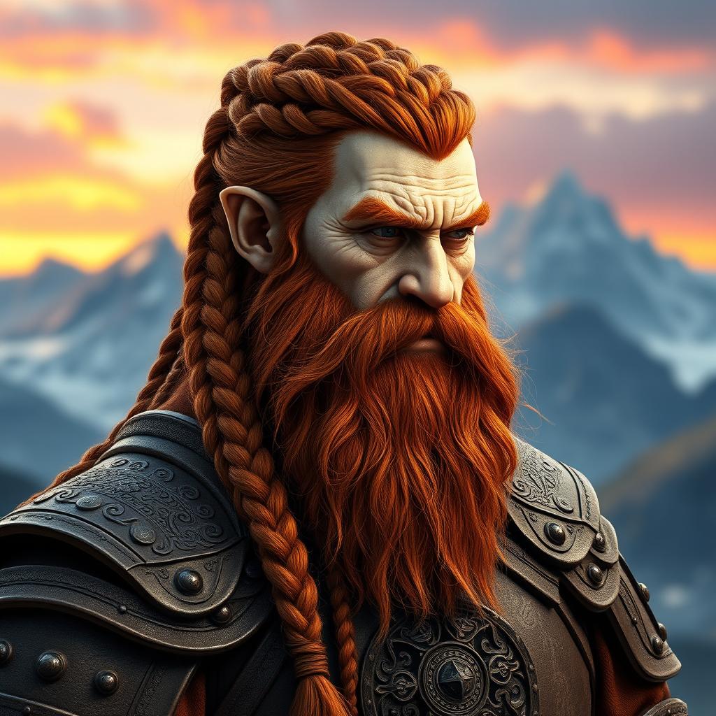 A half portrait of a tall mountain dwarf with striking red-brown braided hair and a matching thick braided beard, radiating strength and determination