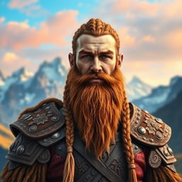 A half portrait of a tall mountain dwarf with striking red-brown braided hair and a matching thick braided beard, radiating strength and determination