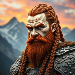 A half portrait of a tall mountain dwarf with striking red-brown braided hair and a matching thick braided beard, radiating strength and determination