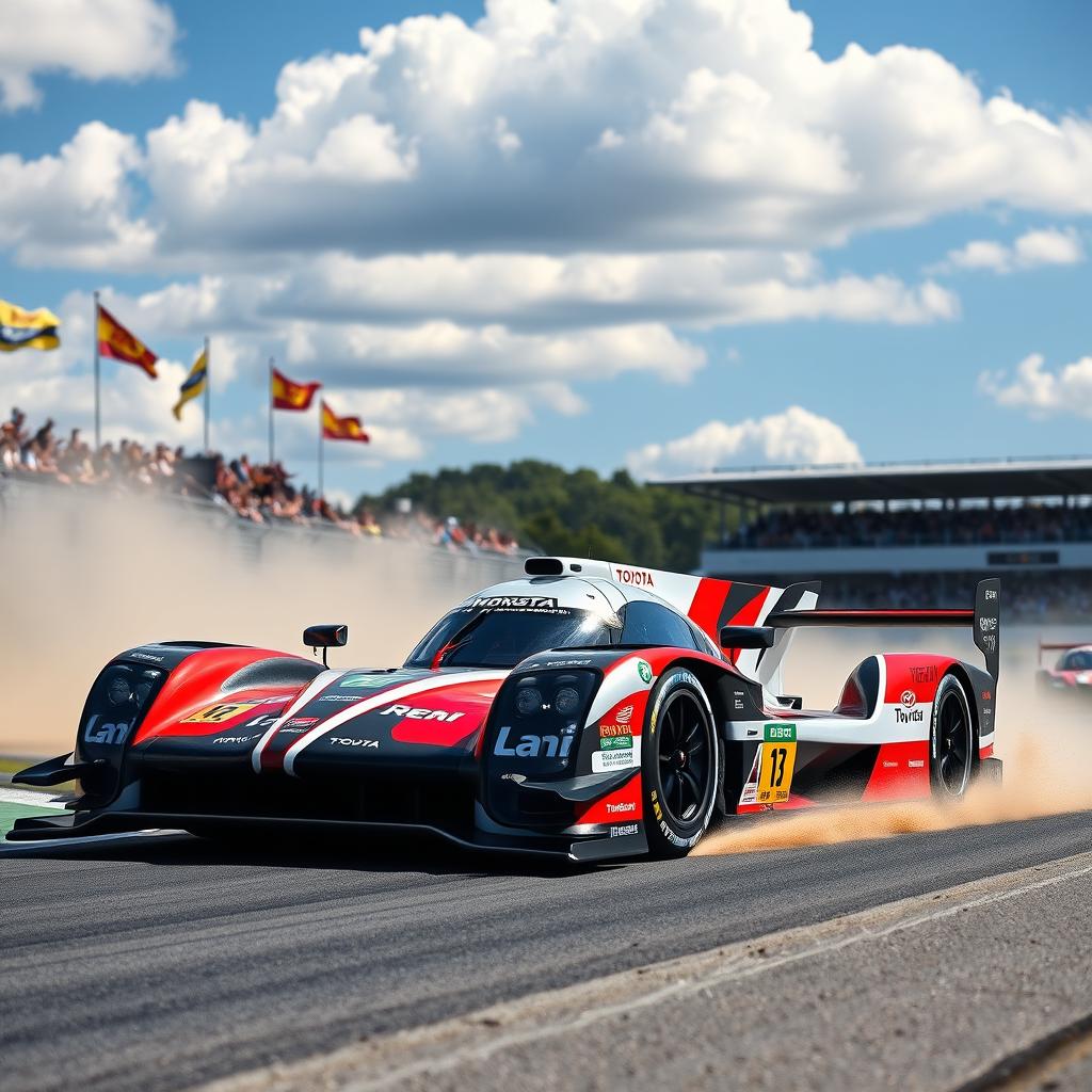 A sleek Toyota LMP1 racing car, featuring its iconic aerodynamic design, showcasing sharp lines and vibrant sponsor logos