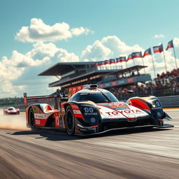 A sleek Toyota LMP1 racing car, featuring its iconic aerodynamic design, showcasing sharp lines and vibrant sponsor logos