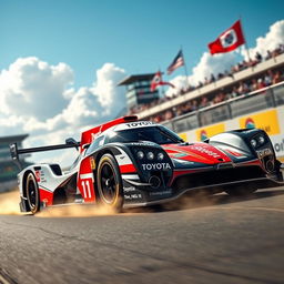 A sleek Toyota LMP1 racing car, featuring its iconic aerodynamic design, showcasing sharp lines and vibrant sponsor logos