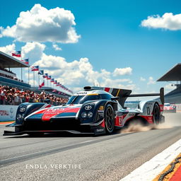 A sleek Toyota LMP1 racing car, featuring its iconic aerodynamic design, showcasing sharp lines and vibrant sponsor logos