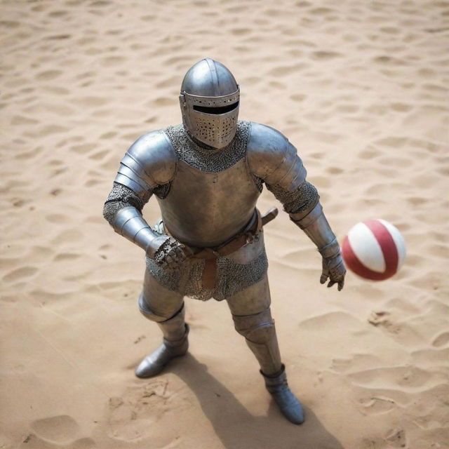 A close-up, bird's eye view of a medieval knight in full armor, poised in mid-air about to fiercely spike a volleyball.