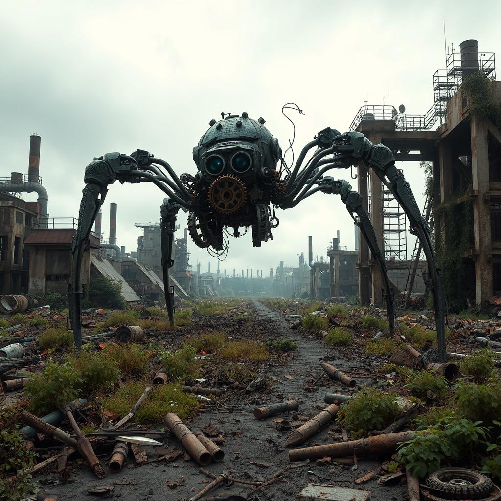 A vast industrial wasteland littered with rusting machinery and debris, with a massive mechanical spider at the center