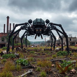 A vast industrial wasteland littered with rusting machinery and debris, with a massive mechanical spider at the center