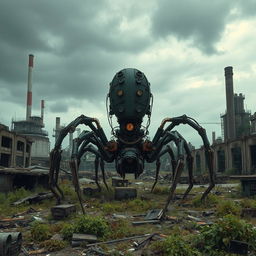 A vast industrial wasteland littered with rusting machinery and debris, with a massive mechanical spider at the center