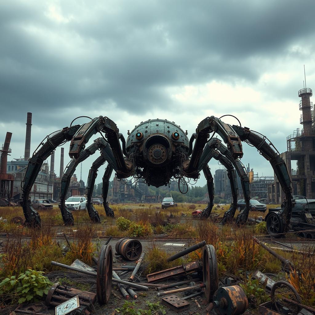 A vast industrial wasteland littered with rusting machinery and debris, with a massive mechanical spider at the center