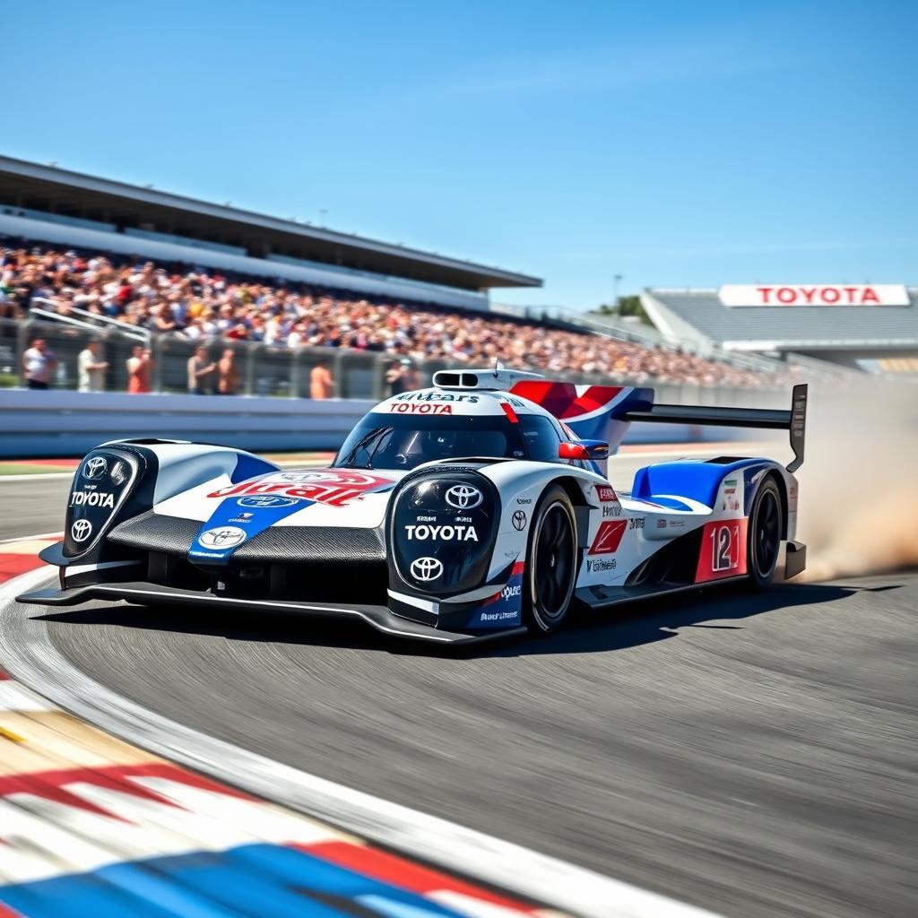 A dynamic racing scene featuring a Toyota LMP1 sports car in action on a racetrack