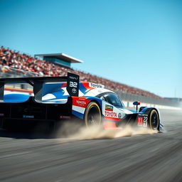 A dynamic racing scene featuring a Toyota LMP1 sports car in action on a racetrack