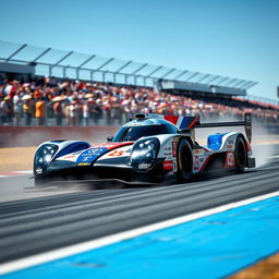 A dynamic racing scene featuring a Toyota LMP1 sports car in action on a racetrack