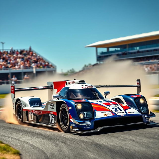 A dynamic racing scene featuring a Toyota LMP1 sports car in action on a racetrack