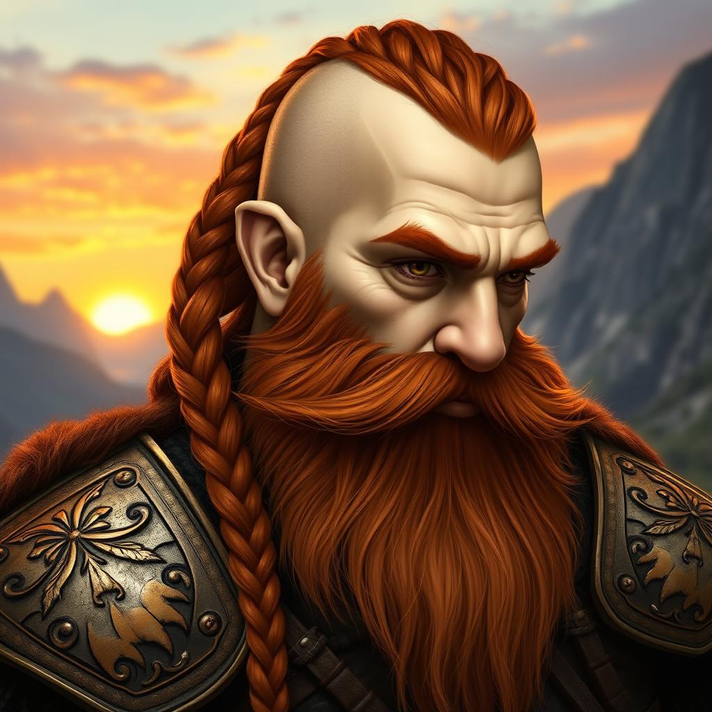 A half portrait of a tall mountain dwarf featuring reddish-brown shaved hair with intricate braids, complemented by a thick braid in his beard that adds to his fierce demeanor