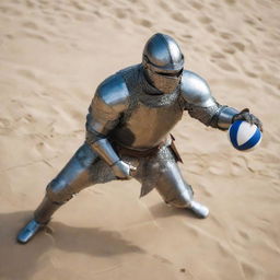 A close-up, bird's eye view of a medieval knight in full armor, poised in mid-air about to fiercely spike a volleyball.