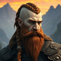 A half portrait of a tall mountain dwarf featuring reddish-brown shaved hair with intricate braids, complemented by a thick braid in his beard that adds to his fierce demeanor