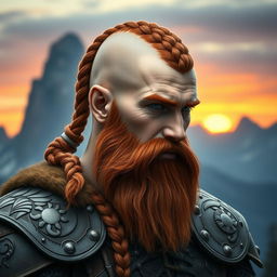 A half portrait of a tall mountain dwarf featuring reddish-brown shaved hair with intricate braids, complemented by a thick braid in his beard that adds to his fierce demeanor