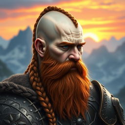 A half portrait of a tall mountain dwarf featuring reddish-brown shaved hair with intricate braids, complemented by a thick braid in his beard that adds to his fierce demeanor