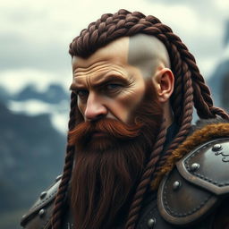 A half portrait of a tall mountain dwarf featuring dark reddish-brown braided hair with shaved sides, complemented by a thick braided beard that adds a commanding presence