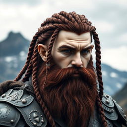 A half portrait of a tall mountain dwarf featuring dark reddish-brown braided hair with shaved sides, complemented by a thick braided beard that adds a commanding presence