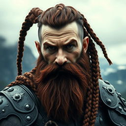 A half portrait of a tall mountain dwarf featuring dark reddish-brown braided hair with shaved sides, complemented by a thick braided beard that adds a commanding presence