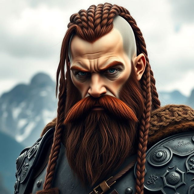 A half portrait of a tall mountain dwarf featuring dark reddish-brown braided hair with shaved sides, complemented by a thick braided beard that adds a commanding presence