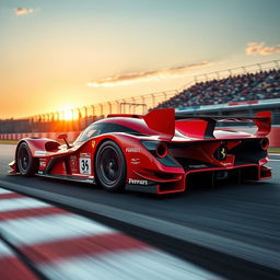 A sleek and futuristic Ferrari LMP1 racing car, featuring aerodynamic curves and a vibrant red color scheme characteristic of Ferrari, adorned with racing decals and sponsor logos