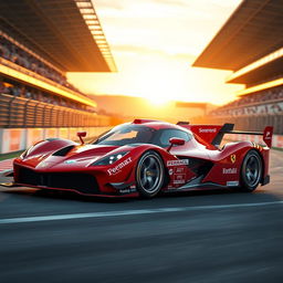 A sleek and futuristic Ferrari LMP1 racing car, featuring aerodynamic curves and a vibrant red color scheme characteristic of Ferrari, adorned with racing decals and sponsor logos