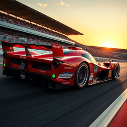 A sleek and futuristic Ferrari LMP1 racing car, featuring aerodynamic curves and a vibrant red color scheme characteristic of Ferrari, adorned with racing decals and sponsor logos