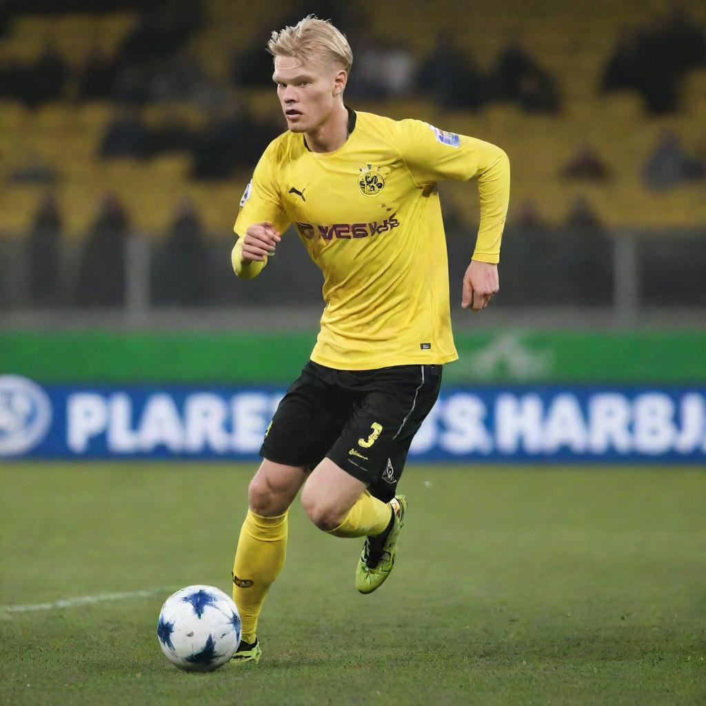 Erling Haaland, the talented young footballer, mid-stride and in motion on the pitch, poised to strike the football with powerful determination.