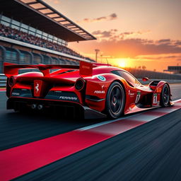 A sleek and futuristic Ferrari LMP1 racing car, featuring aerodynamic curves and a vibrant red color scheme characteristic of Ferrari, adorned with racing decals and sponsor logos