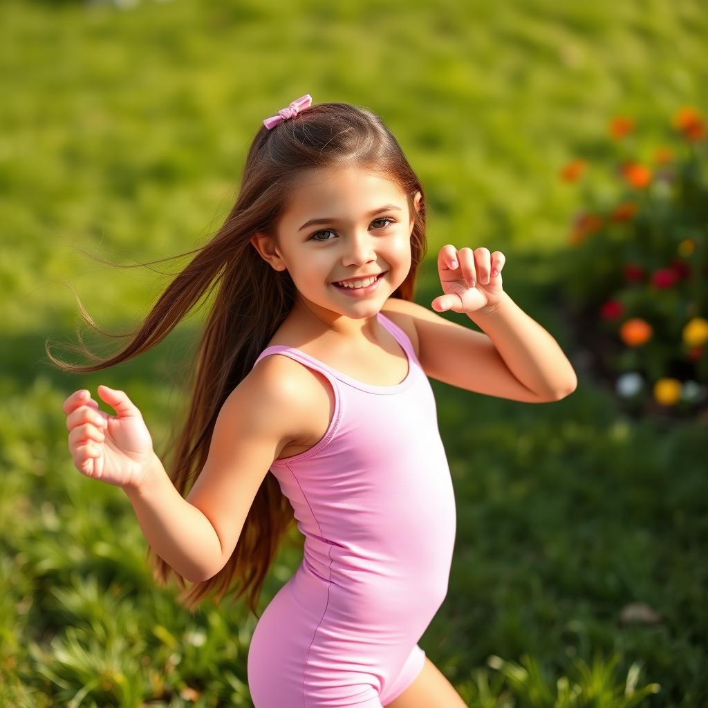 A beautiful young girl wearing a short pink lycra outfit, posing playfully in a sunny outdoor setting