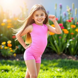 A beautiful young girl wearing a short pink lycra outfit, posing playfully in a sunny outdoor setting