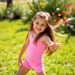 A beautiful young girl wearing a short pink lycra outfit, posing playfully in a sunny outdoor setting