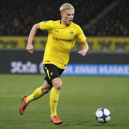 Erling Haaland, the talented young footballer, mid-stride and in motion on the pitch, poised to strike the football with powerful determination.