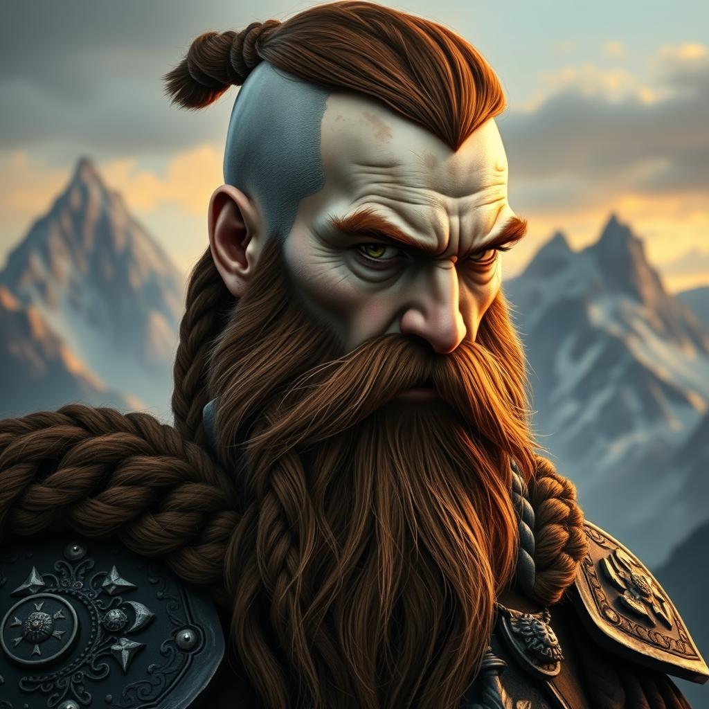 A half portrait of a tall mountain dwarf featuring dark reddish-brown hair that is slightly braided with shaved sides, complemented by a thick braided beard that enhances his rugged appearance