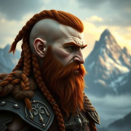 A half portrait of a tall mountain dwarf featuring dark reddish-brown hair that is slightly braided with shaved sides, complemented by a thick braided beard that enhances his rugged appearance