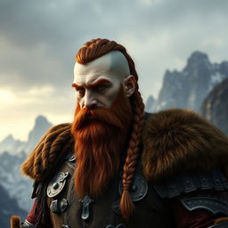 A half portrait of a tall mountain dwarf featuring dark reddish-brown hair that is slightly braided with shaved sides, complemented by a thick braided beard that enhances his rugged appearance