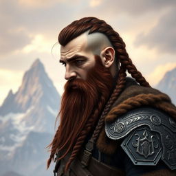 A half portrait of a tall mountain dwarf featuring dark reddish-brown hair that is slightly braided with shaved sides, complemented by a thick braided beard that enhances his rugged appearance