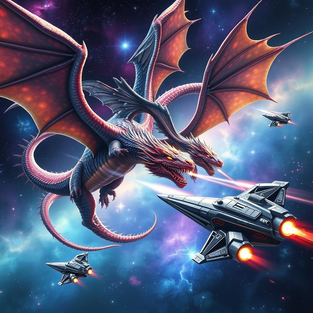 An epic battle scene in the depths of space featuring majestic intergalactic dragons soaring through the cosmos, with glimmering scales reflecting distant starlight