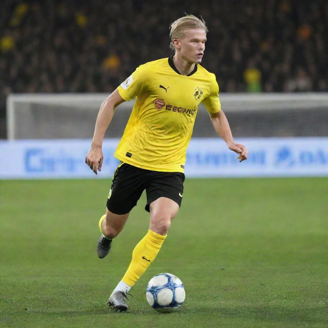 Erling Haaland, the talented young footballer, mid-stride and in motion on the pitch, poised to strike the football with powerful determination.