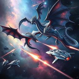 An epic battle scene in the depths of space featuring majestic intergalactic dragons soaring through the cosmos, with glimmering scales reflecting distant starlight