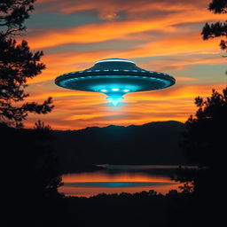 A stunning alien UFO captured in the midst of a beautiful sunset over a serene landscape