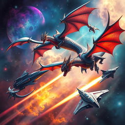 An epic battle scene in the depths of space featuring majestic intergalactic dragons soaring through the cosmos, with glimmering scales reflecting distant starlight