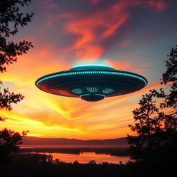 A stunning alien UFO captured in the midst of a beautiful sunset over a serene landscape