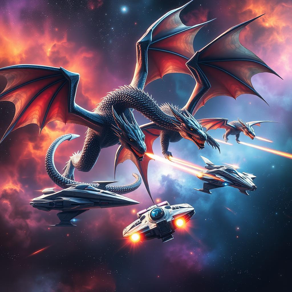 An epic battle scene in the depths of space featuring majestic intergalactic dragons soaring through the cosmos, with glimmering scales reflecting distant starlight