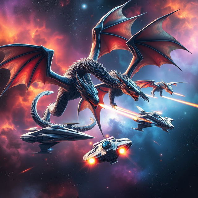 An epic battle scene in the depths of space featuring majestic intergalactic dragons soaring through the cosmos, with glimmering scales reflecting distant starlight