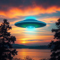 A stunning alien UFO captured in the midst of a beautiful sunset over a serene landscape